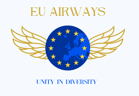 L'immagine mostra un logo con il testo "EU AIRWAYS" in alto e "UNITY IN DIVERSITY" in basso. Al centro del logo c'è un cerchio blu con dodici stelle gialle disposte in cerchio, rappresentanti la bandiera dell'Unione Europea. All'interno del cerchio blu c'è una mappa stilizzata dell'Europa in blu scuro. Ai lati del cerchio ci sono due ali dorate. Il motto "UNITY IN DIVERSITY" è evidenziato in blu sotto in cerchio e simboleggia l'uguaglianza e l'armonia